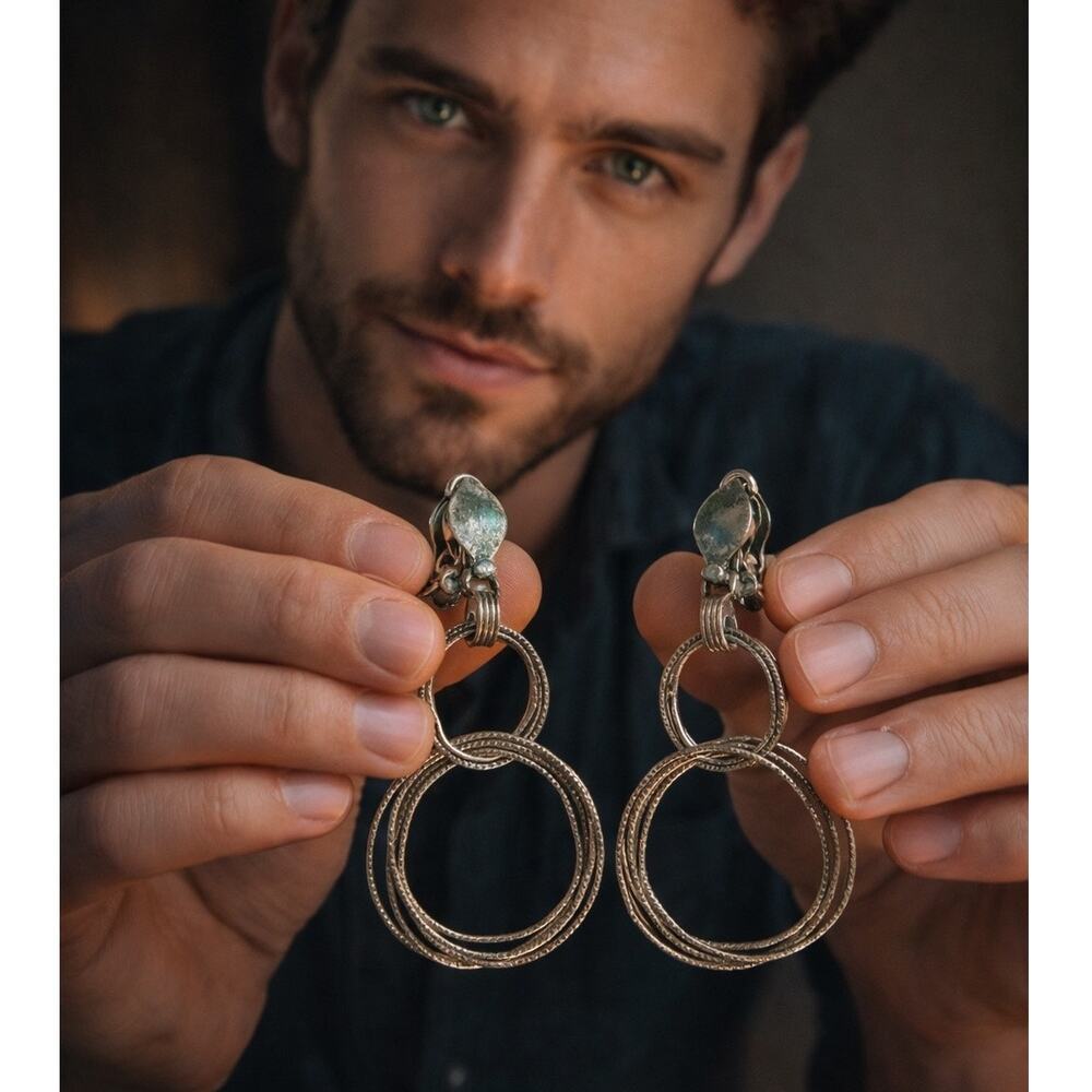 Vintage 80s Earrings Silver Tone Double Hoop Clip-On